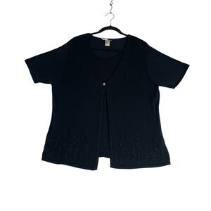 Navy Short Sleeve Sweater with Cardigan Overlay. Embroidered Detail‎ XL *D0080